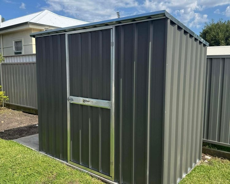 Skillion roof garden shed 2.35m x 1.58m with single hinged door in colour Woodland Grey
